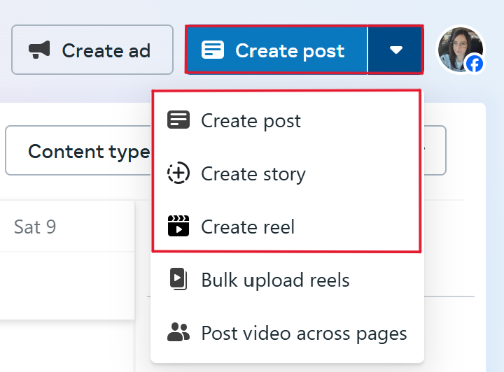 Click "Create post," "Create story," or "Create reel."