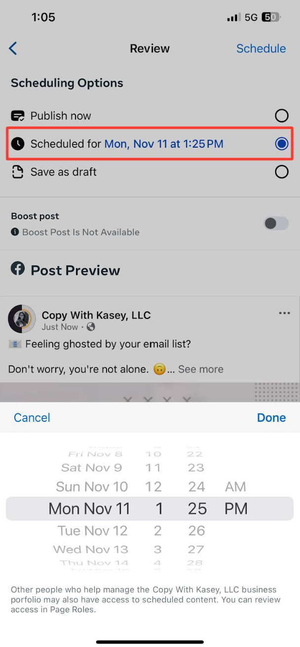 Click "Schedule for later,” then select the date and time you want to post.