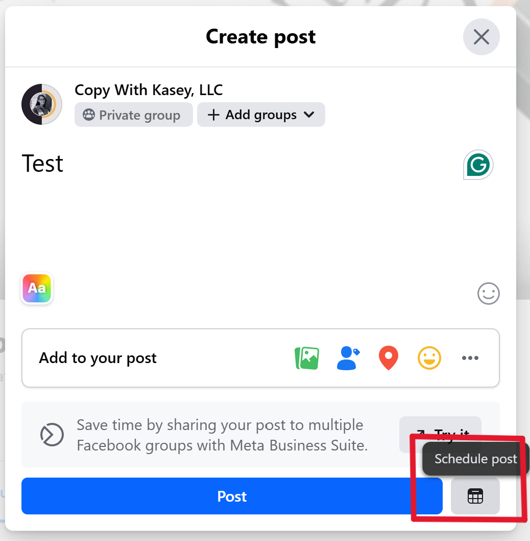 Create your post and click "Schedule."