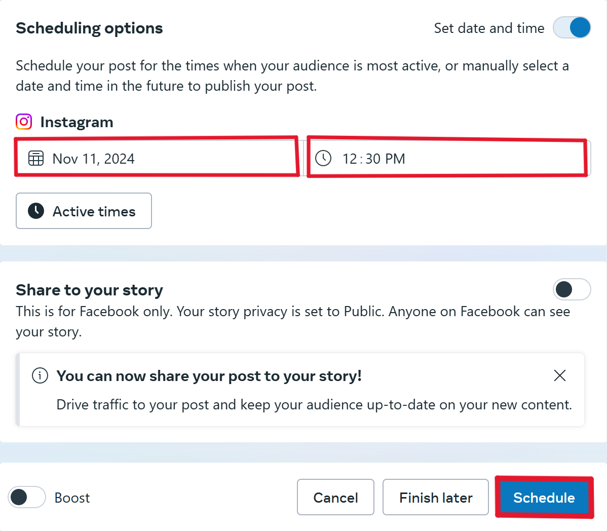 Select the date and time you want your post to go live and hit “Schedule.”